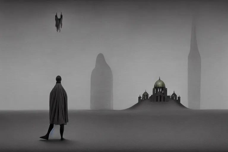 Image similar to king of dreams, sandman, gareth pugh aw 2 0 1 1, in hoc signo vinces, vatican in background, cloud of sand, dreaming, in the style of beksinski, part by hopper, part by rodcenko, part by hofbauer, intricate composition, red by caravaggio, insanely quality, highly detailed, masterpiece, red light, artstation