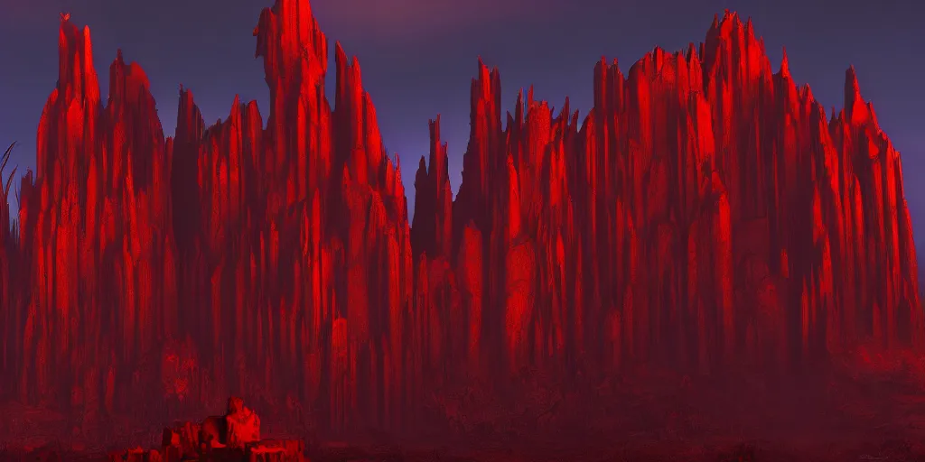 Prompt: dramatic render of a cathedral, gothic architecture, carved of red rock, tall spires, top of a canyon, vultures, concept art by studio ghibli and eddie mendoza, atmospheric, moody, dark, cinematic, volumetric lighting, 8K