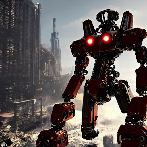 Image similar to a shiny ornate boxing humanoid mecha in ruin city, victory, punk style, by war robots, real steel ( 2 0 1 1 ), westworld and eve venture and pacific rim and machine warrior 5, cryengine, frostbite 3 engine, scarlet and yellow scheme, sharp focus, 8 k, high definition, insanely detailed, soft lighting, smooth face