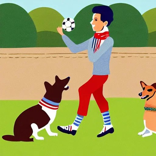 Image similar to illustration of french boy in paris playing football against a corgi who is wearing a polka dot scarf