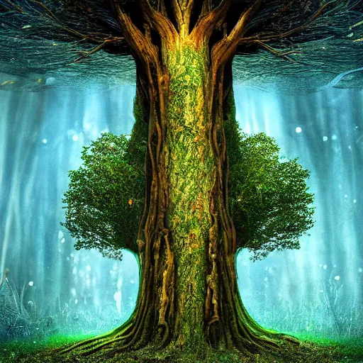 Prompt: world tree, massive tree, tree, roots, treant, subtle patterns, intricate texture, highly detailed, alien world, fungal, underwater, light shafts, light diffusion, natural, fireflies, magical, magical tree