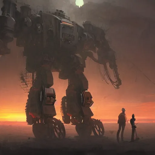 Prompt: gigantic steampunk mecha walking, dense fog,, sunset, trending on artstation, jakub rozalski