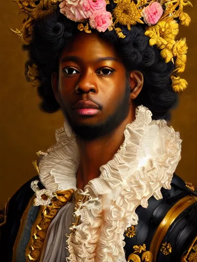 Image similar to rococo portrait of a black prince wearing a golden crown with pastel flowers, highly detailed, symmetrical, realistic, 8 k, digital painting, art by krenz cushart, kehinde wiley, artem demura