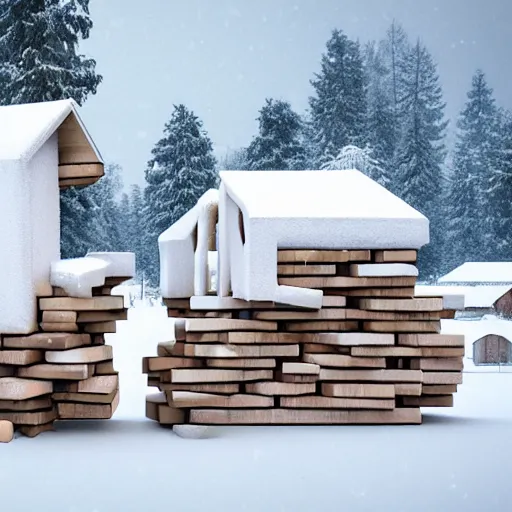 Image similar to large wooden blocks stacked ontop of each other in an arch, in the snow, an ambient occlusion render by Filip Hodas, Simon Stålenhag, digital art, cgsociety, environmental art, matte painting, ambient occlusion