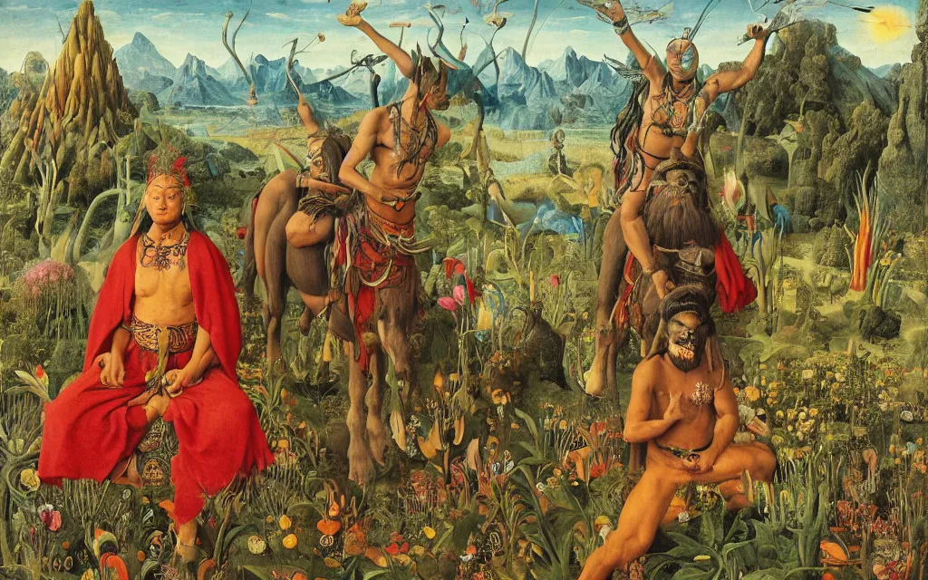 Prompt: a portrait photograph of a meditating shaman and a centaur monk riding a rocket and hunting at a river delta. surrounded by bulbous flowers and trees. mountain range under a blue sky of fiery stars. by jan van eyck, max ernst, ernst haeckel, ernst fuchs and artgerm, cgsociety, fashion editorial, 8 k