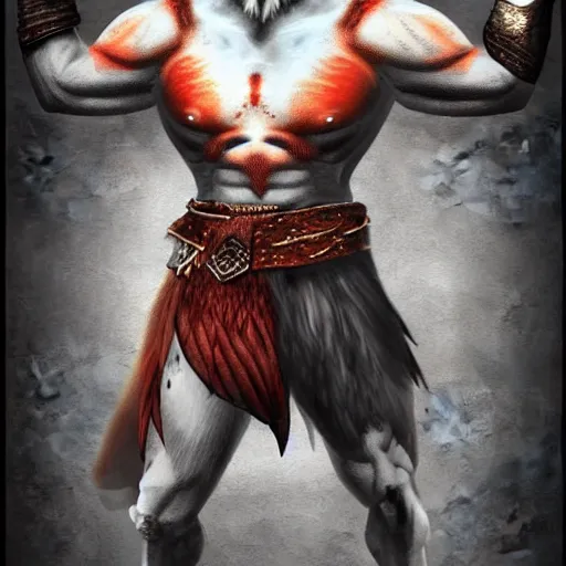 Image similar to hybrid of kratos and a chicken, digital art, cold hue's, warm tone gradient background