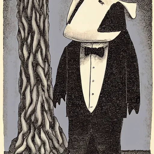 Image similar to a gentleman pig in a tuxedo, creepy, chiaroscuro, dark night, illustration by Edward Gorey