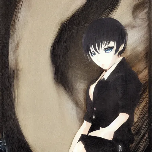 Image similar to Yoshitaka Amano realistic illustration of an anime girl with short white hair and black eyes wearing tuxedo, abstract black and white background, film grain effect, highly detailed, Renaissance oil painting