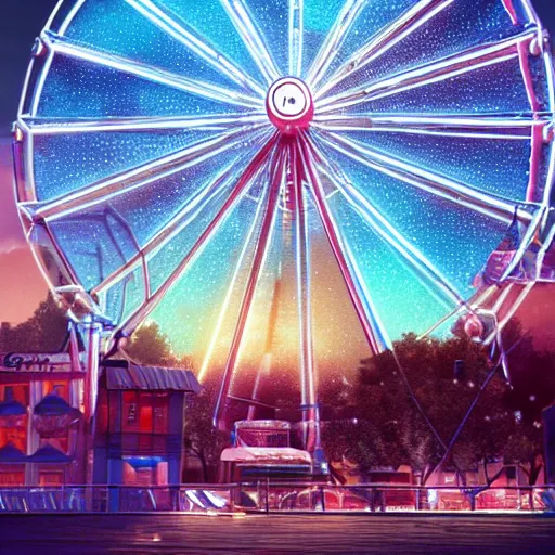 Image similar to one ferris wheel at night, hyperrealistic, concept art, octane render, unreal engine 5, trending on artstation, high quality, highly detailed, 8 k hdr, soft lighting, path traced, starry background, bloom, high coherence, symmetrical, high contrast, digital art, serene landscape, cinematic