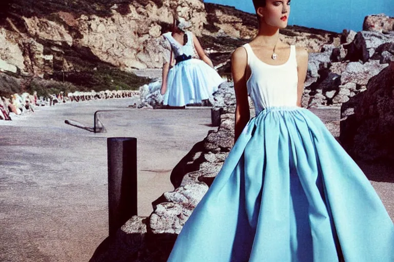 Image similar to 1 9 9 8 italia vogue magazine photo of a dress with cotton underskirt set, christian dior style, mediterranean beach background, refracted color lines, night, flash photography