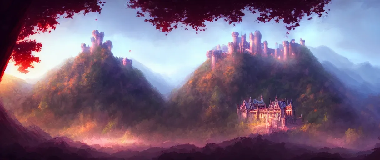 Prompt: digital painting of a detailed castle town, behind a forest, large mountains in back, concept art, low angle, high detail, warm lighting, volumetric, godrays, vivid, beautiful, trending on artstation, by Jordan grimmer, no focus, huge scene, grass, no bricks