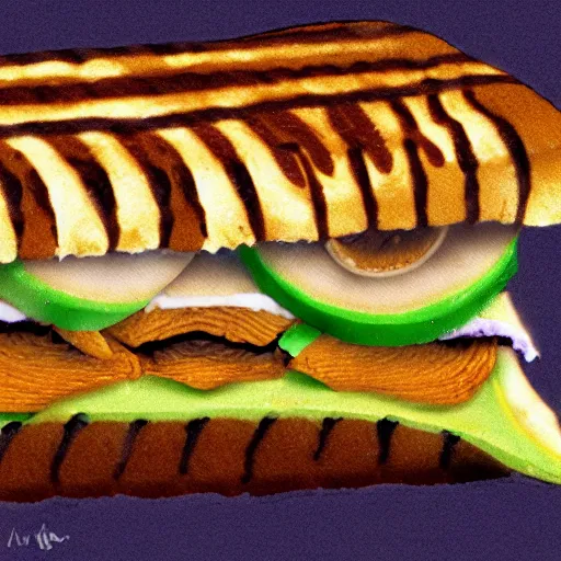 Image similar to a tiger eating a toasted sanwich,photorealistic,detailed face,8k