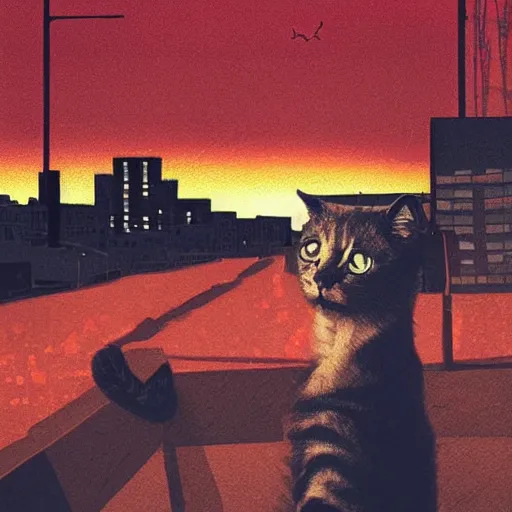 Image similar to cat watching post apocalyptic city with burning red sky