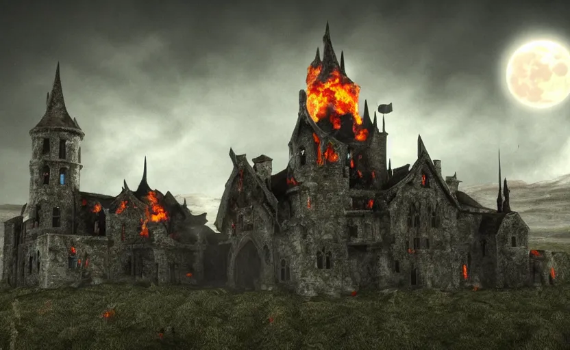 Image similar to a picture of burning!!! gothic! castle in smoke on a hill, village terrified by vampires, chaos, full moon in clouds, visual art, 8 k resolution, 3 d modelling, accent lighting, art station