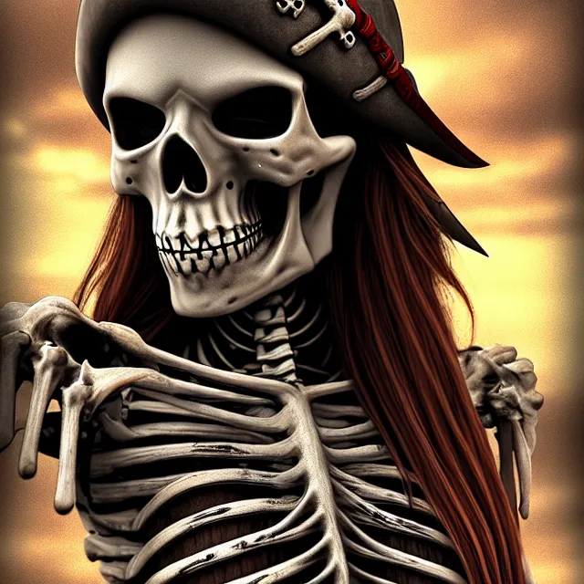 Image similar to skeleton pirate, artgerm, highly detailed, 8 k, hdr, close up, smooth, sharp focus, high resolution, award - winning photo