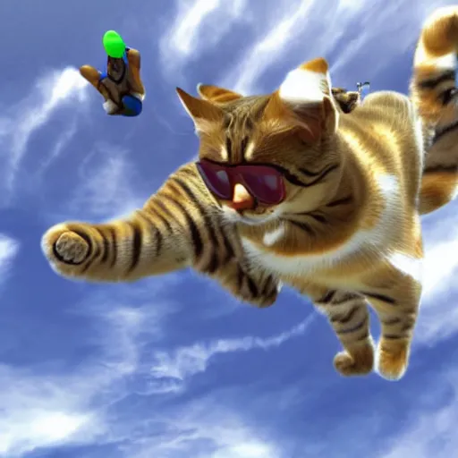 Prompt: 3 d photorealistic render of angry cats skydiving