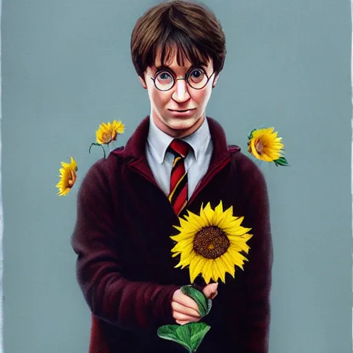 Image similar to hyperrealism portrait harry potter holding a sunflower