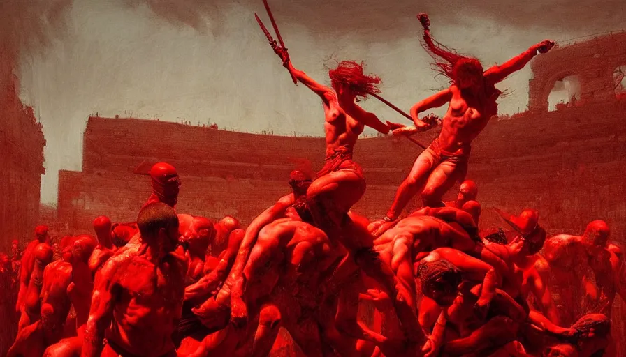 Image similar to only with red, bloody gladiator battle in a crowded roman amphitheatre, crowd cheering, in the style of beksinski and edward hopper and rodcenko and yue minjun and greg rutkowski, intricate and epic composition, red by caravaggio, highly detailed, masterpiece, red light, artstation, art nouveau