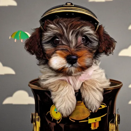 Prompt: highly detailed photograph of a light brown and black havanese puppy in a steampunk helmet riding a rocket ship over a rainbow