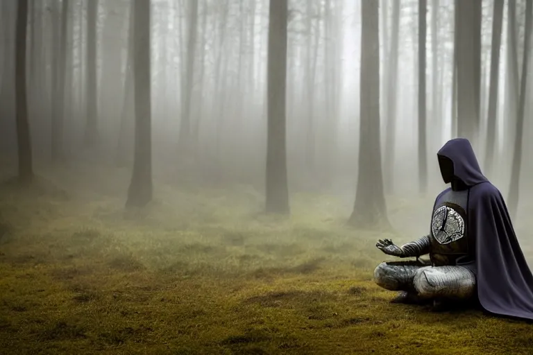 Image similar to hooded knight in a cape and shiny armour meditating in a foggy forest at dusk by a river professional photography, elegant, highly detailed, sharp focus