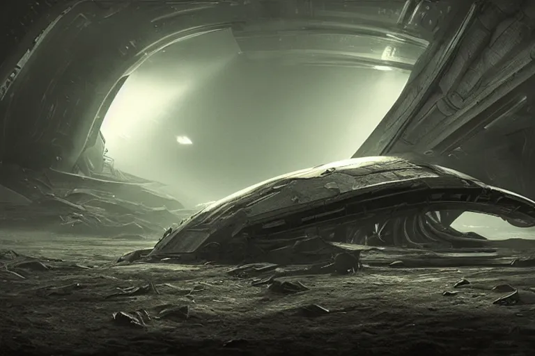 Image similar to a crashed huge alien spaceship on an alien planet in giger style, realistic, octane render, foggy, atmospheric lighting , rays of light, small red lights, wide angle perspective