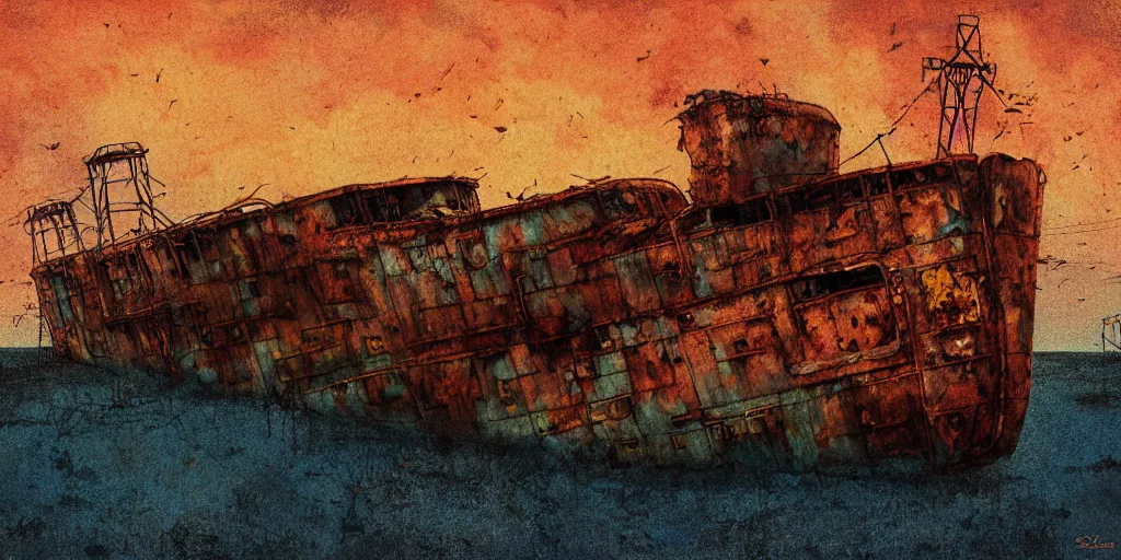 Prompt: a singular rusted abandoned cargo ship, overgrown, sparse foliage, rusted, adrift at sea, by Scott Listfield and Simon Stalenhag, , golden hour, oversaturated blues, velvia film