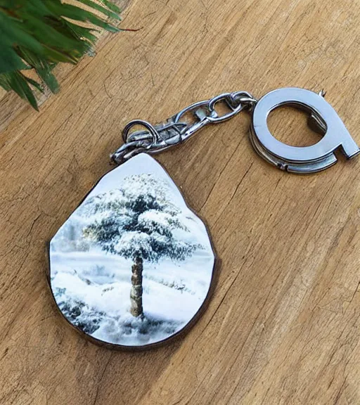 Image similar to realistic keychain of 'a snowy pine tree'