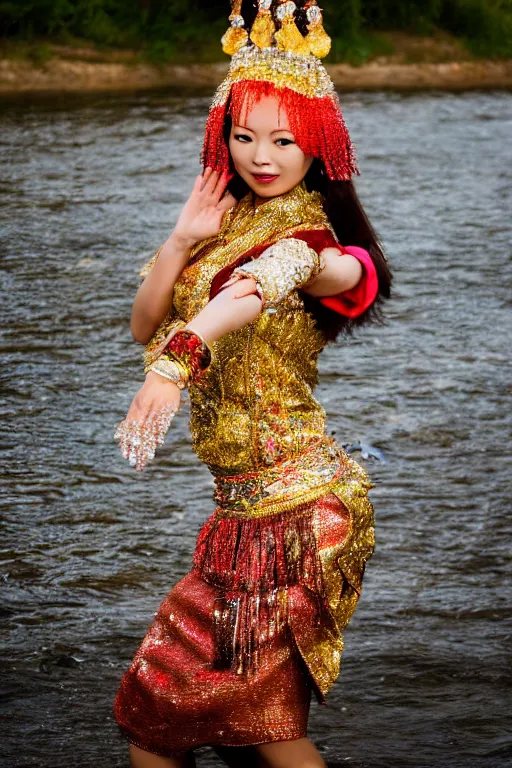 Prompt: photo of a beautiful asian woman fully dressed in clothes made out of jewels while dancing in the middle of a river, low light, , golden hour, highly detailed, 8k