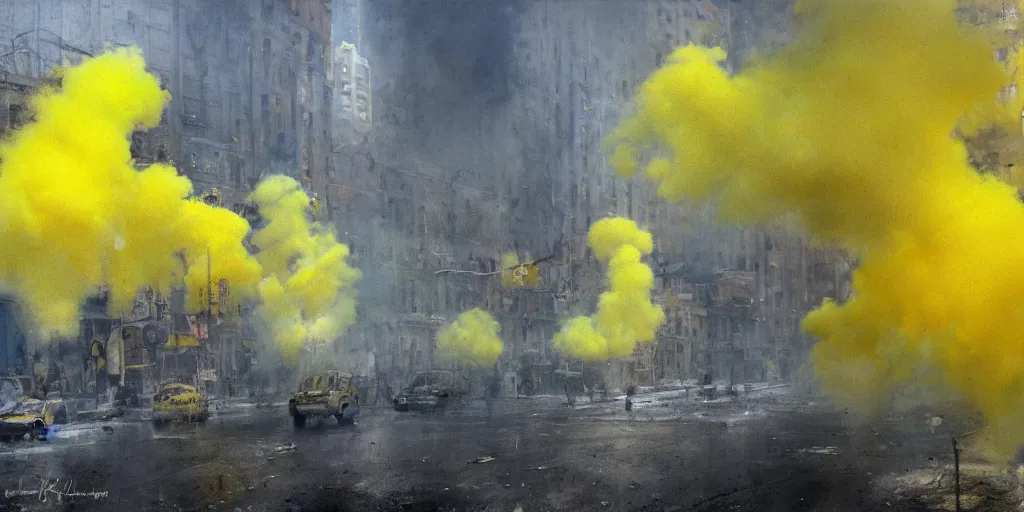 Image similar to kiev city streets covered in yellow and blue smoke, by jeremy mann, by kim keever