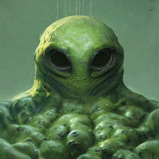 Image similar to portrait of green noise an amorphous blob, slimy alien creature witg hundreds of eyes painted by greg rutkowski, wlop,,