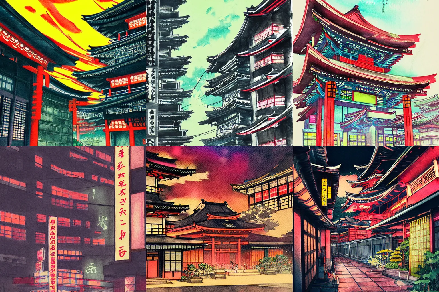 Prompt: Japanese temple. Cyberpunk. Neon. Advertisement. Dense buildings. Watercolor drawing
