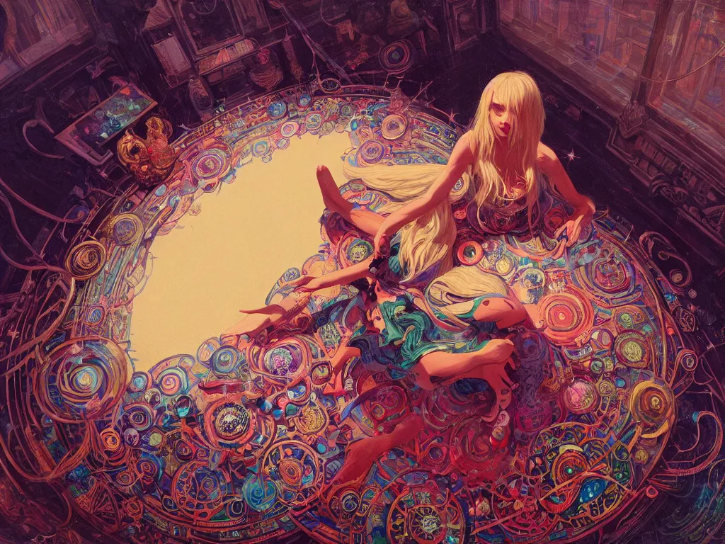 Image similar to high angle picture of a maximalist dress witch sitting on the floor and researching about the azathoth, extremely beautiful and aesthetic and detailed cute face, very huge magic circles on the hand, with familiar sprites, in the magic room, chiaroscuro, intricate, masterpiece, fantasy illustrations by ilya kuvshinov and jeremy lipking and quentin mabille