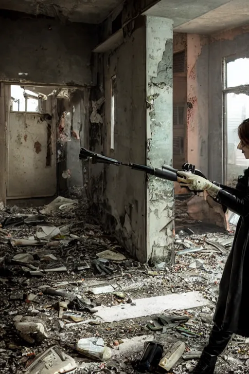 Image similar to dystopian hazmat woman holding zombie at gunpoint in dilapidated building. by Roger Deakins