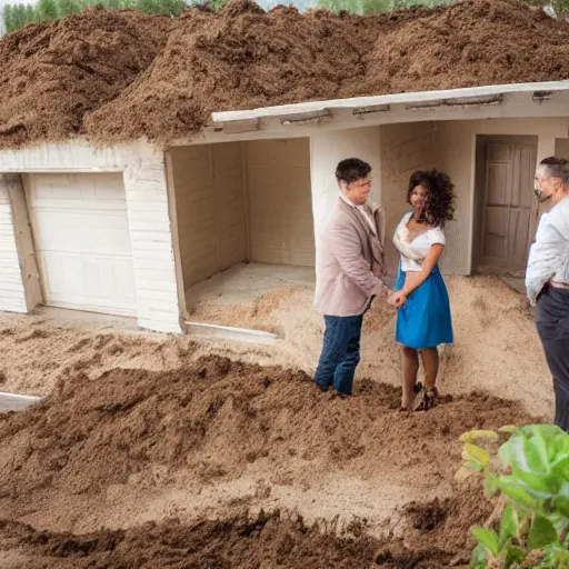 Prompt: real estate agent showing couples through houses made entirely of dirt