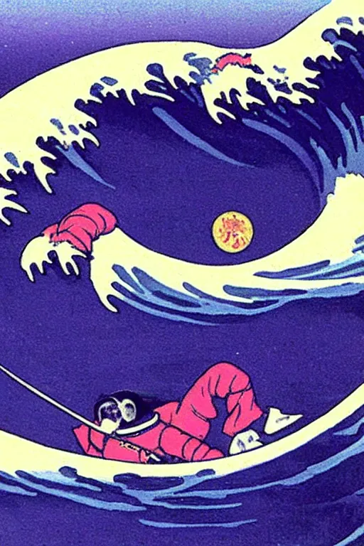 Image similar to a award winning photograph of an astronaut surfing the great wave off kanagawa on a purple surboard