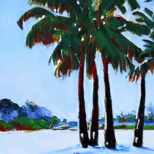 Image similar to winter landscape with large coconut trees, painting oil on board by olaf krans