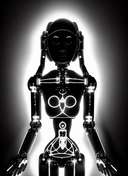 Image similar to surreal mythical dreamy dark artistic black and white fine art fashion portrait photo of a young beautiful delicate female metropolis robot giving birth, spiritual, halo, glory, rim light, cinematic, studio dramatic light, poetic, masterpiece, octane render, 8 k, photo - realistic by dora maar man ray