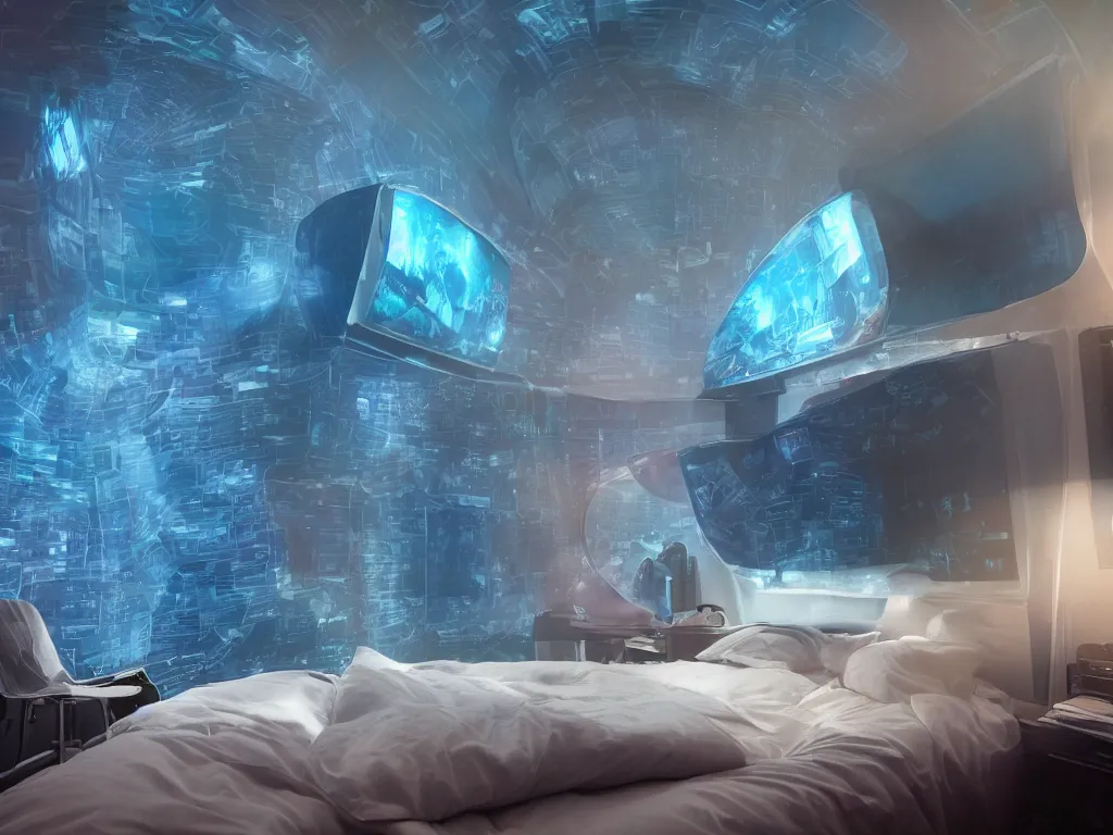 Image similar to bedroom with curved translucent screens projecting detailed sci - fi art ( 2 0 4 2 ), pixel perfect photograph, high contrast, volumetric lighting, thin glowing lights, chair, users, pair of keys