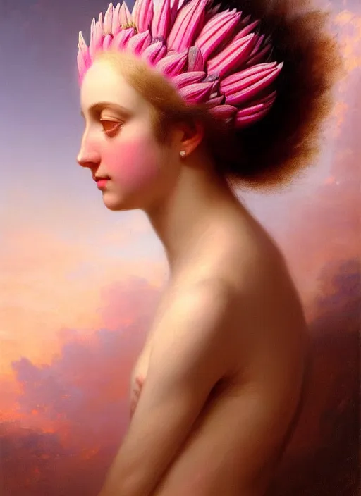 Prompt: stunning colombian godess princess, detailed pink and white protea head peace against a black backdrop by ivan aivazovsky, wlop, super sharp details, photorealism, 5 0 mm lens, oil painting, beautiful soft lighting, muted colours, artstation