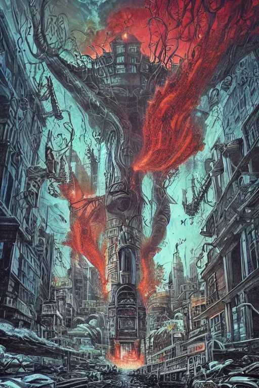Prompt: the end of the world as we know it, urban city, lovecraftian horror, epic composition, full - color