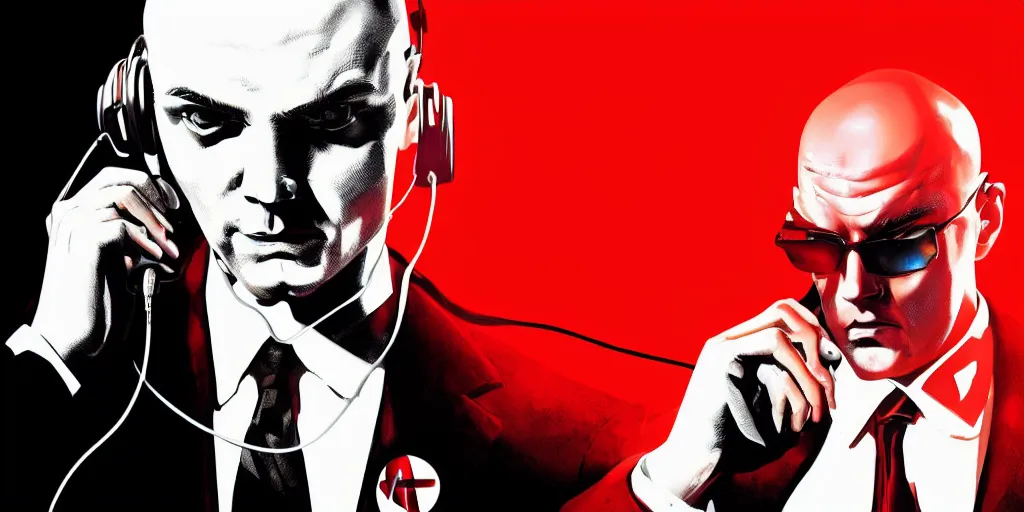 Prompt: agent 4 7 from hitman wearing headphones with wires everywhere listening to music, dark background, red rim light, smooth, sharp focus, art by irina french