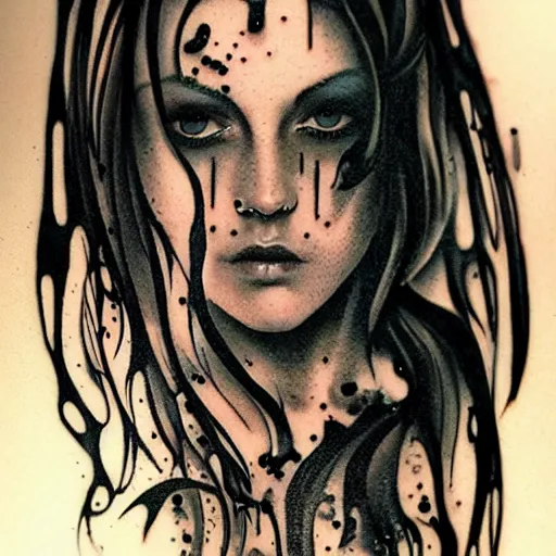 Prompt: woman's tattoo turns liquid and splashes, by tim bradstreet