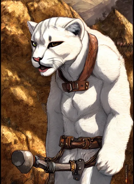 Image similar to character portrait of a anthro!!! albino mountain lion wearing miner's clothes at the mines. hidari, color page, tankoban, 4K, tone mapping, Akihiko Yoshida.