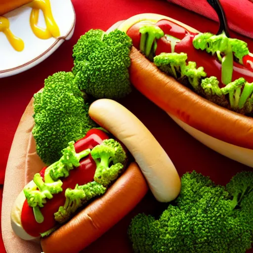 Prompt: promotional photo of a delicious hot dog with broccoli, ketchup and mustard, detailed, uhd, 8k,