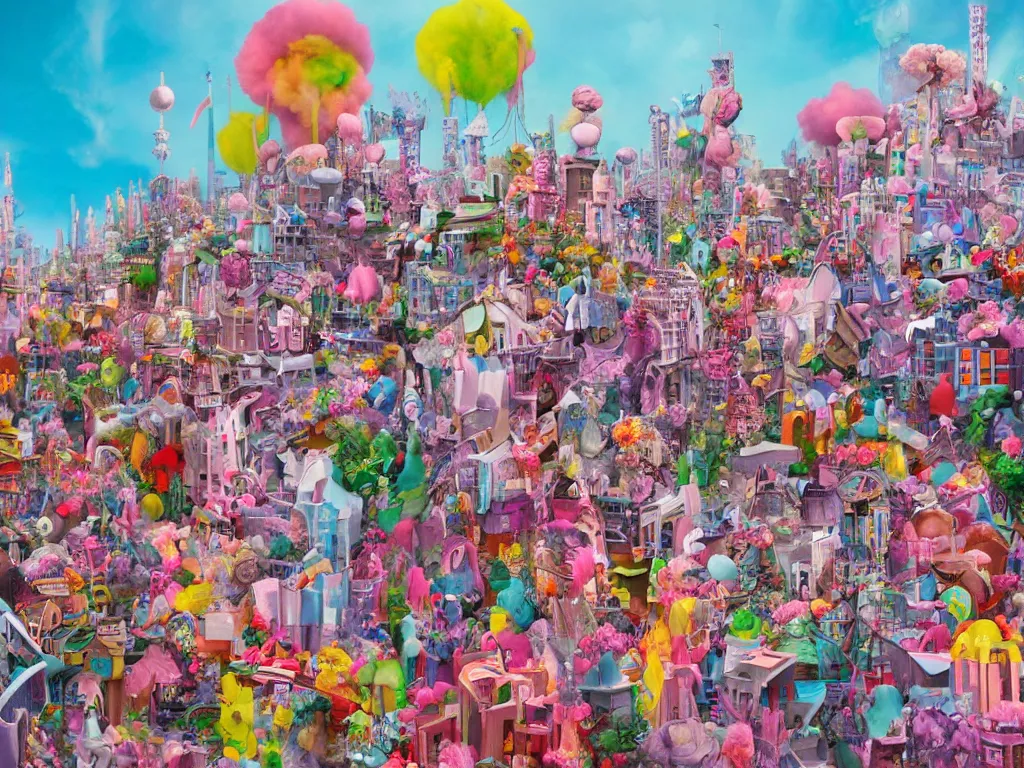 Image similar to an urban landscape where the buildings are made of candies, cotton candy, marshmallow and sweets, david lachapelle, alice in wonderland, trending on artstation,