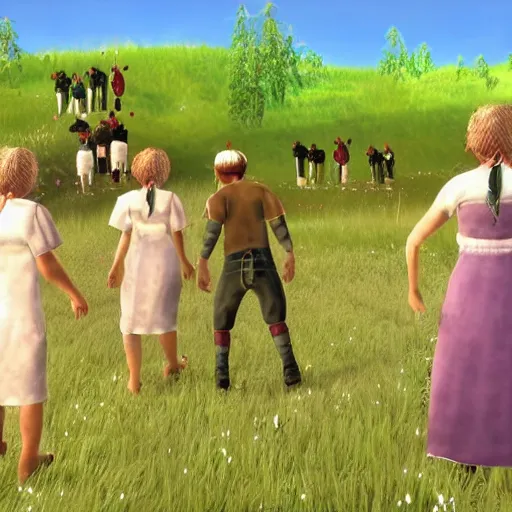 Image similar to a still from the movie midsommar with okami graphics ps 2 visual aesthetic