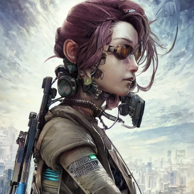 Prompt: the portrait of lawful neutral female cyberpunk infantry sniper as absurdly beautiful, gorgeous, elegant, young woman looking up, an ultrafine hyperdetailed illustration by kim jung gi, irakli nadar, intricate linework, bright colors, octopath traveler, final fantasy, unreal engine 5 highly rendered, global illumination, radiant light, detailed and intricate environment