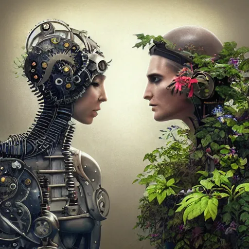 Image similar to a beautiful ultradetailed fine art RPG portrait photo of a mechanical industrial steampunk yin yang symbol, overgrown with morning glory flowers, montsera leaves by tom bagshaw and zach sutton, golden ratio composition, soft studio lighting, soft vignette, 50mm lens, very detailed, bionic, cybernetic scifi, deep depth of field, artstation, 8K, highly coherent