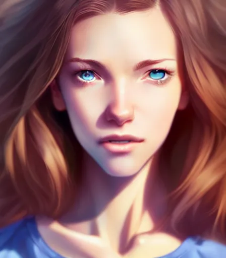 Prompt: portrait of a woman with blue eyes, brown hair and a perfect body, wearing casual, character design by charlie bowater, ross tran, artgerm, and makoto shinkai, detailed, soft lighting, rendered in octane