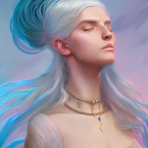 Prompt: god and goddess, non-binary, white hair, long hair, gorgeous, amazing, elegant, intricate, highly detailed, digital painting, artstation, concept art, sharp focus, illustration, art by John la farge